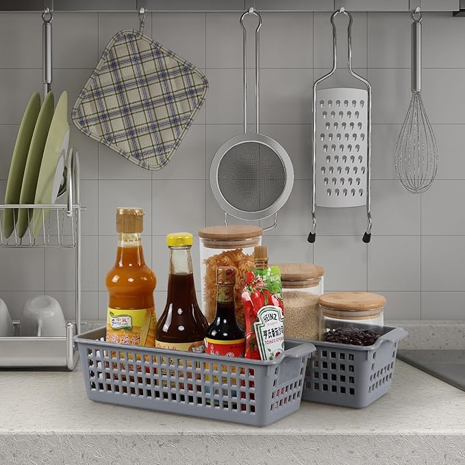 Anbers Gray Small Plastic Storage Basket, Narrow Baskets for Desktop Organizing, 4 Pack