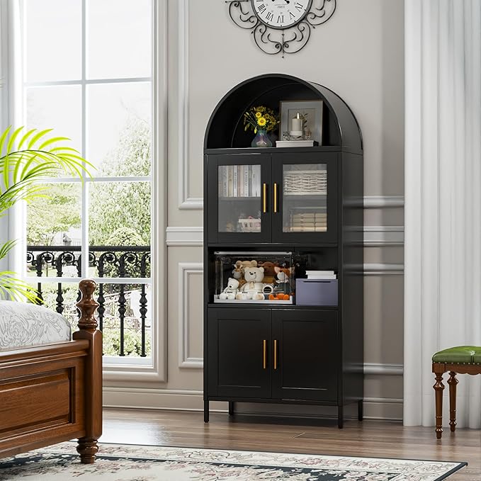 VEXPOR 73" Tall Arched Kitchen Pantry Cabinet with Doors, Metal Arched Hutch Cabinet for Kitchen, Dining Room, Living Room, Assembly Required, Black