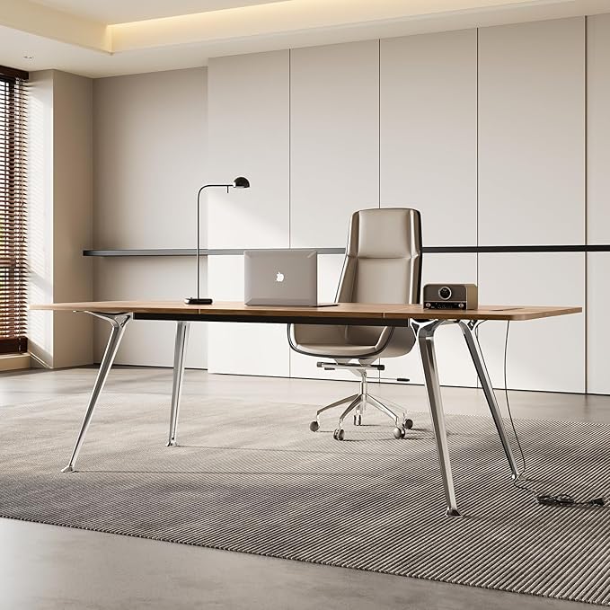 71-Inch Executive Desk, Computer Office Desk Workstation with Chrome-Plated Legs and Built-in Power Outlet, Writing Table Business Furniture, Modern Minimalist Style for Home Office, Light Brown