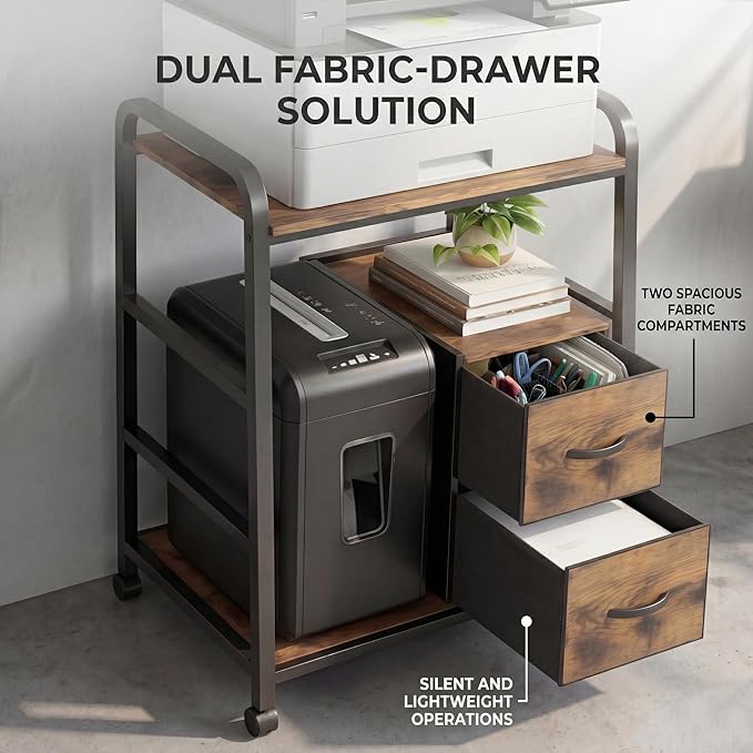 Printer Stand Featuring Fabric Drawers, Under Desk Host Computer Cabinet and Shredder Shelf, Heavy Duty Printer Stand with Storage Workstation Organization Printer Table for Home Office