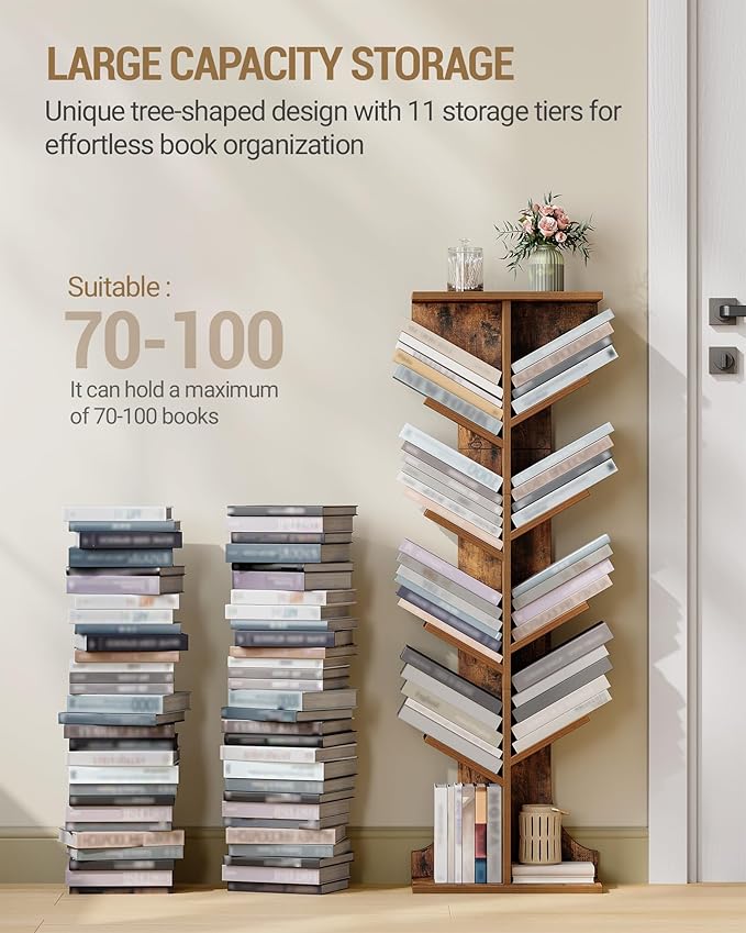 Hzuaneri Tree Bookshelf, 11 Tier Narrow Bookcase, Display Shelf, Book Organizer, Small Floor Standing Book Shelf for Bedroom, Living Room, Home Office, Rustic Brown BC01601X