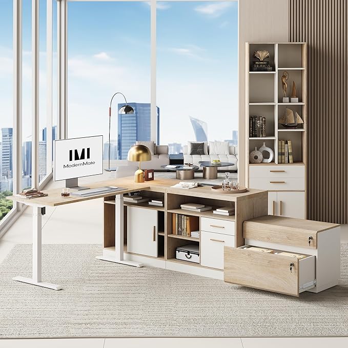 ModernMate Furniture Sets, 67" Standing Desk with 73" Bookshelf and 2 Drawer lateral File Cabinet, Home Office Furniture Set, Light Walnut
