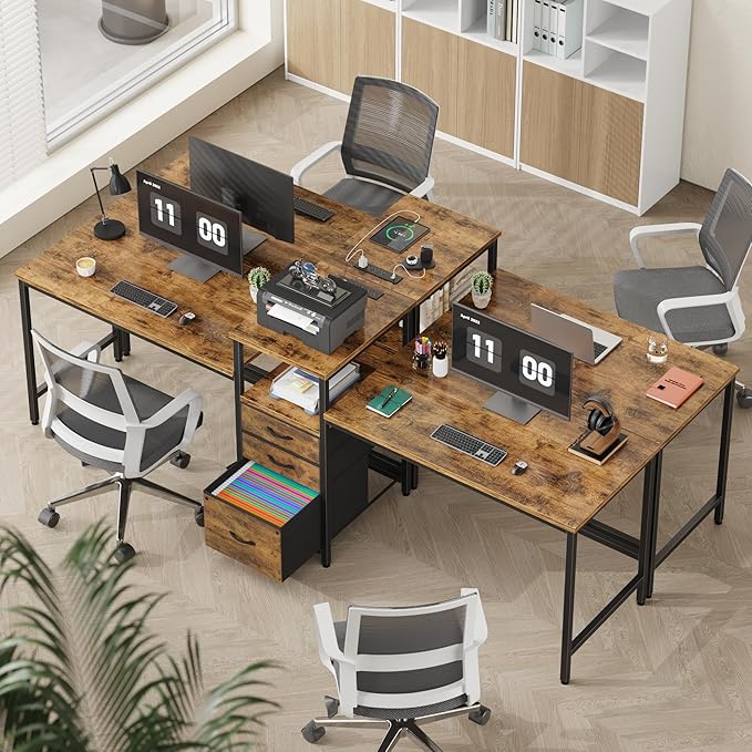 GYIIYUO 93'' 2 Person Desk with Charging Station, Two Person Long Desk with 3 Fabric Drawers and Printer Shelf, Double Computer Desk, Writing Study Table Workstation for Home Office, Rustic Brown