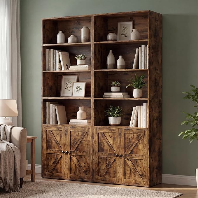 YESHOMY Farmhouse Bookshelf and Bookcase with Doors, Industrial Bookshelves and Bookcases Floor Standing Display 6-Tier Shelf Storage 71.5 inchs for Home Office, Living Room, Rustic Brown, 2 PCS