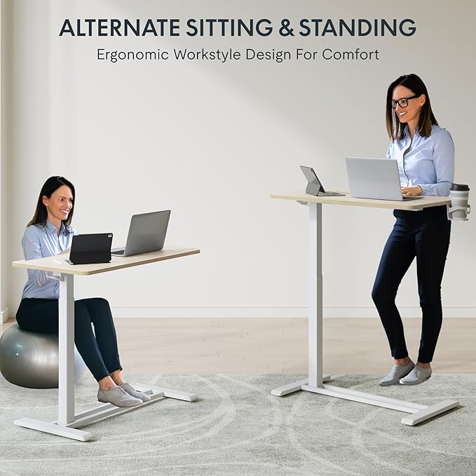 FLEXISPOT H7 Adjustable Overbed Bedside Table with Wheels Pneumatic Mobile Standing Desk Laptop Desk Rolling Computer Cart Movable Overbed Table Hospital Home Use(31.5" W x 17.7" D, White Wood Grain)