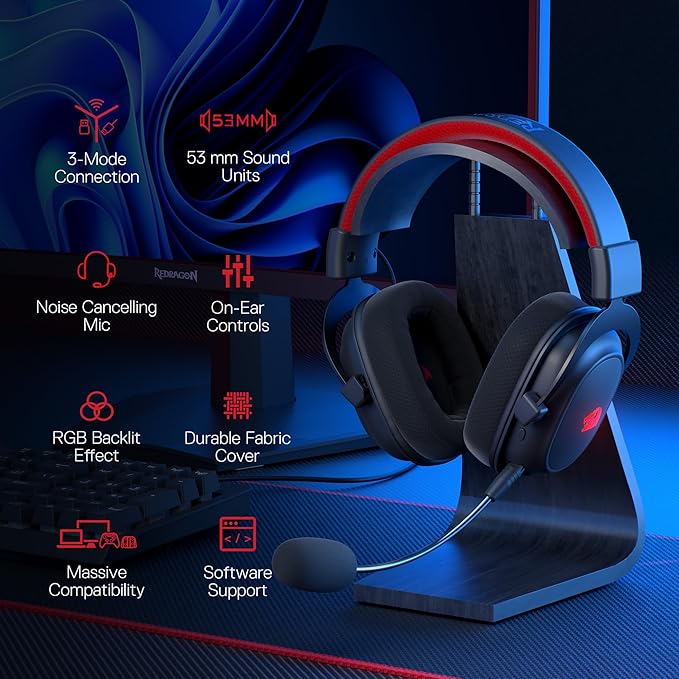 Redragon H510 PRO 3-Mode RGB Gaming Headset - 7.1 Surround Sound - 53MM Audio Drivers in Memory Foam Ear Pads w/Durable Fabric Cover- Multi Platforms Headphone - USB Powered for PC/PS4/NS