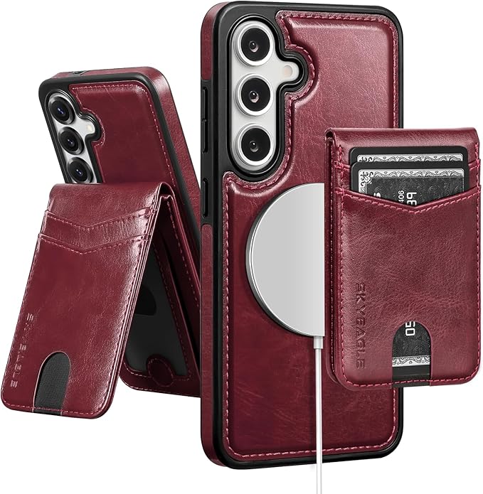 SkyEagle Compatible with Magsafe 2 in 1 Detachable Galaxy S25 Wallet Case with Card Holder,Women Men Magnetic PU Leather RFID Blocking Flip Kickstand Credit Slots for Galaxy S25 6.2",Wine Red