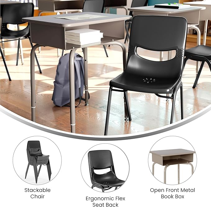 EMMA + OLIVER Jacobs Desk/Stackable Ergonomic Chair Set, Flex Comfort Seat Back, Adjusting Desk Legs, Metal Open Front Storage Box, Gray Granite Desktop/Black Chair