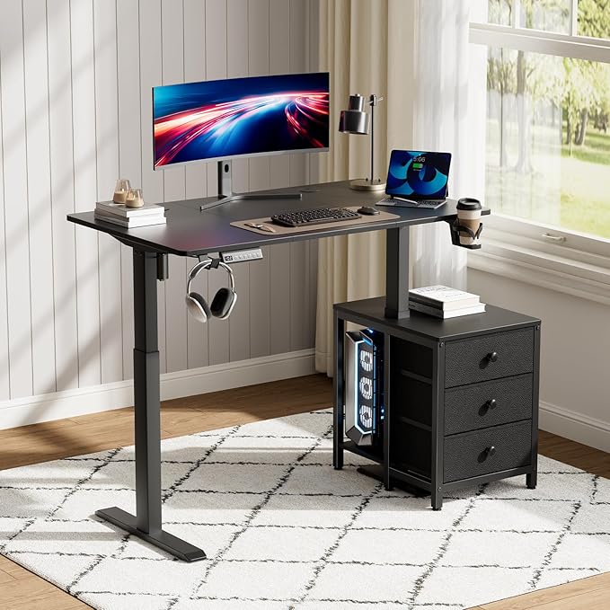 REAHOME Electric Standing Desk with Drawers, 47 x 24 Inches Height Adjustable Sit Stand Desk with Storage, 3 Memory Preset Home Office Computer Desk, Printer Cabinet, 2 Hooks, Cable Management, Black