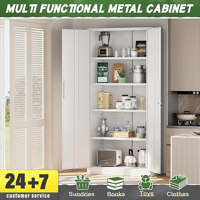 Greenvelly Metal Storage Cabinet with 2 Doors and 4 Adjustable Shelves, 72" White Metal Cabinet with Locking Feature and 2 Keys for Office, Home, Garage, Gym, School