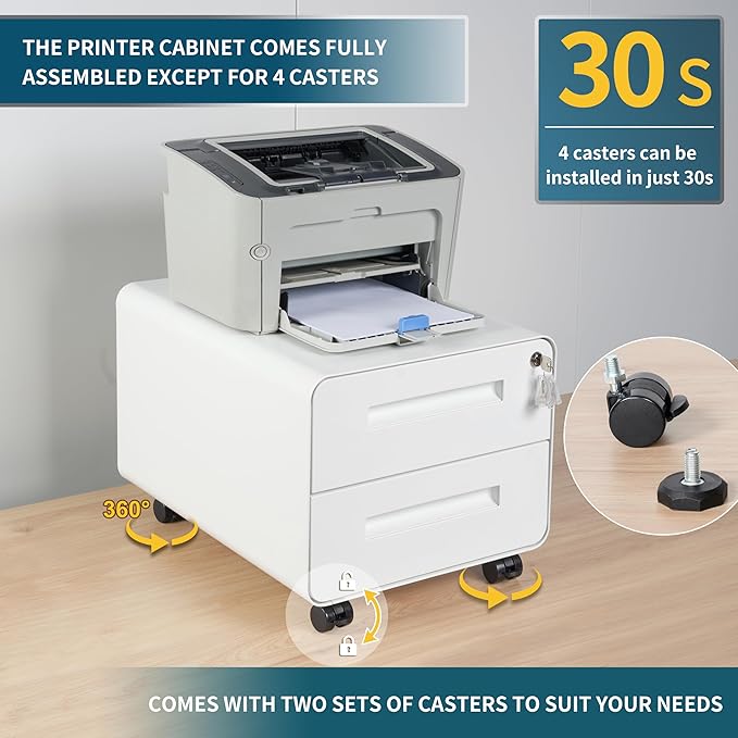 Under Desk Printer Stand with Storage – 2-Drawer Printer Table for Home & Office, Mobile Printer Cart with 2 Sets of Casters and Lockable Drawers, 4 Keys, White