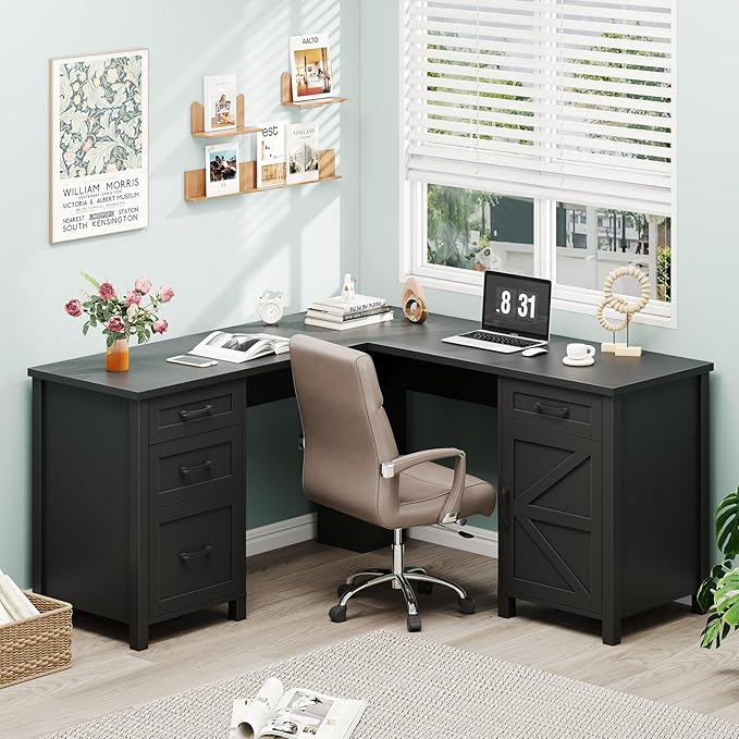 Vabches 59” L Shaped Executive Desk with Power Outlets, Farmhouse Home Office Desk with File Drawer,Storage Cabinet, Wood Corner Sturdy Writing Workstation.Black