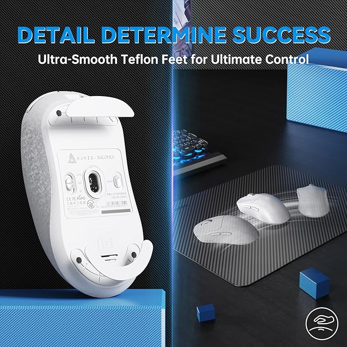 A.JAZZ Ajazz AJ199 Wireless Gaming Mouse Ultra-Lightweight 55g Tri-Mode Connection 24000 DPI PAW3311 Sensor Carbon Fiber Shell 500mAh Battery 1K Polling Rate Durable & Anti-Slip Design White