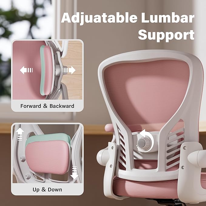 GYI Office Chair Ergonomic, Computer Desk Chair with Mesh Back, Adjustable Lumbar Support, 3D Flip-up Arms, Wheels, Pink