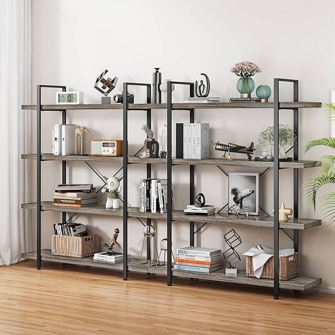 OtterOasis Bookshelf Set of 2, Heavy Duty 4-Tier Industrial Bookcase, 47" Wide Wood Bookshelf for Home Office, 120lbs Shelf Capacity, Rustic Display with Horizontal Shelf for Living Room Bedroom,Grey