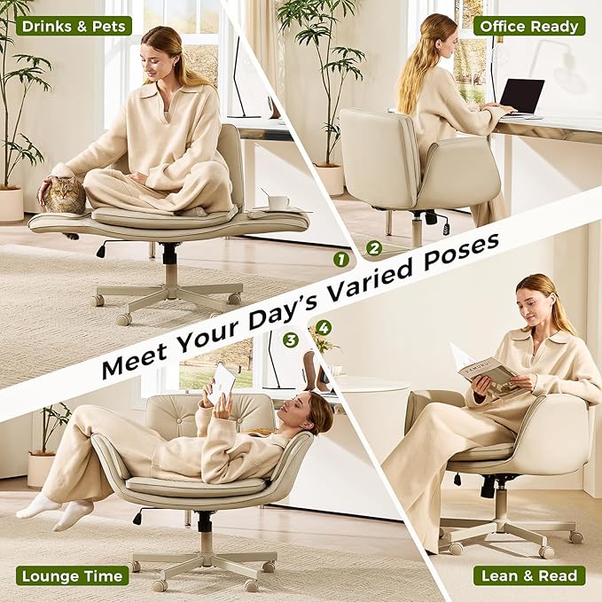 amseatec Criss Cross Chair with Armrests & Wheels, PU Leather ADHD Home Office Desk Chair, Comfortable Lounge Chair for Home, Make Up, Bed Room, 5-Gear Adjustable Arm,Wide Seat,Swivel(Cream/Beige)