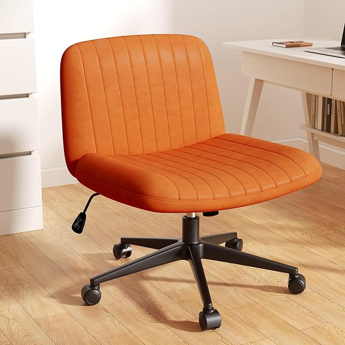 Meilocar Criss Cross Chair with Wheels, Cross Legged Office Chair, Armless Office Chairs Adjustable Height Swivel Tilting Vanity Chairs for Home Bedroom (PU Leather, Orange)