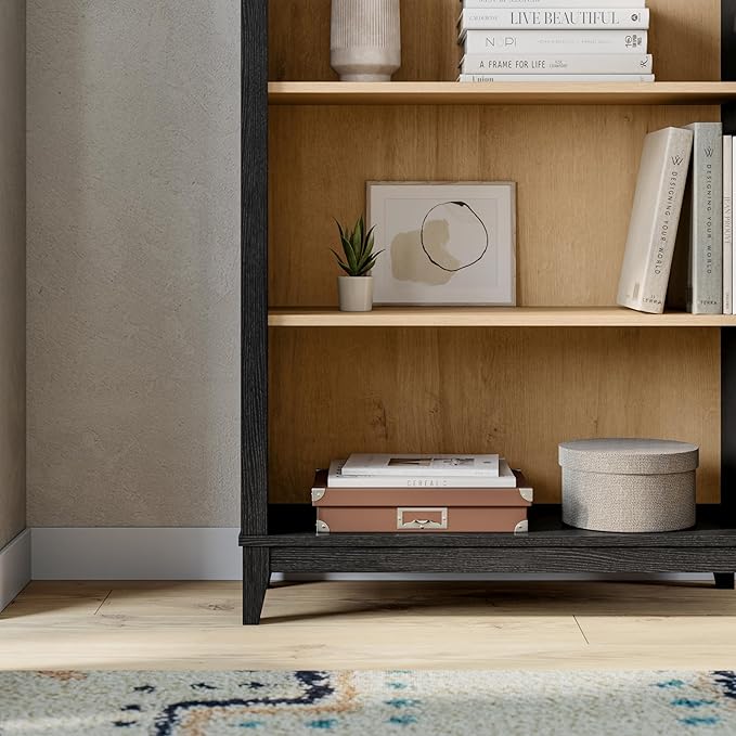 Prepac Ark 78" Tall 5-Tier Arched Bookcase, Black Oak with Oak Finish Interior, Modern Storage Accent Bookshelf with 3 Adjustable Shelves for Home, Office, Living Room, Bedroom