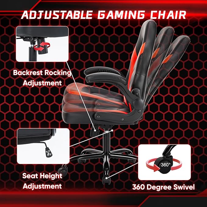 DUMOS Ergonomic Computer Gaming Chair with Flip-up Armrest, Height Adjustable PU Leather Home Office Desk Chair with Lumbar Support Swivel Wheels and for Adults and Kids, Scarlet Red