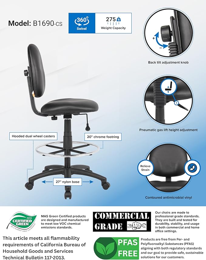 Boss Office Products Stand Up Caressoft Drafting Stool Without Arms in Black (B1690-CS)