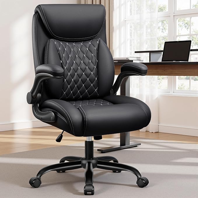 BESTFAIR Office Chair, Ergonomic Computer Desk Chairs with Lumbar Support for Lower Back Pain Relief, Executive Leather Home Chair Comfy with Padded Flip-up Armrests, Black, 4-Pack