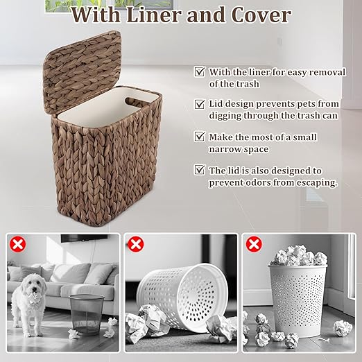 Wicker Trash Can with Lid and Liner, Handwoven Wicker Waste Basket, Water Hyacinth Bathroom Trash Can, Boho Rattan Garbage Wastebasket for Bedroom Home Living Room Office, 2.5 Gallon, Espresso