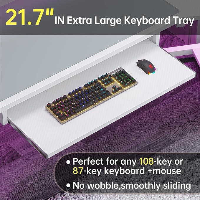 SEDETA 79" Gaming Desk, Computer Desk with 2 Fabric Drawers & LED Light, White Small Desk with Storage for Home Office, Carbon Fiber White