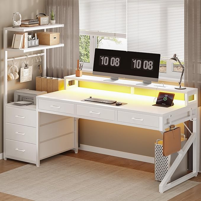 SEDETA 55" Gaming Desk with 6 Drawers, Corner Gaming Desk with Storage & LED Lights, Reversible PC Desk with Power Outlet, Corner Computer Desk with Hutch, Monitor Stand, Side Hook (White)