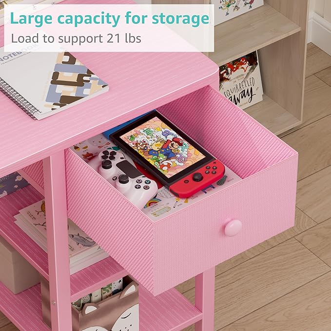 BOLUO Pink Kids Desk and Chair Set for 6-12 Year Old, Children Study Desk with Hutch and Storage Shelf, Student Writing Table with Fabric Drawer for Girls Boys