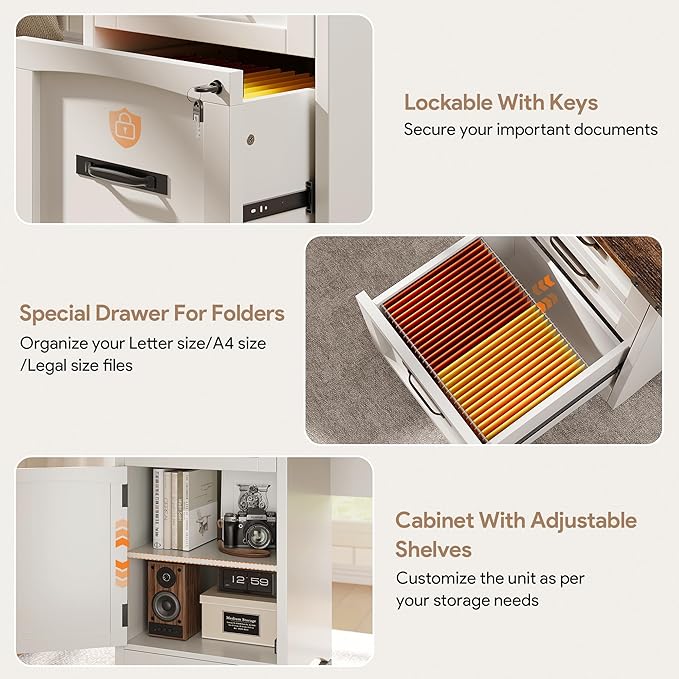 Decofy Farmhouse Executive Desk with Drawers, 55" Home Office Desks with Fast Charging Station, Lockable File Cabinet, Wood Writing Computer Desk for Work, Study, White