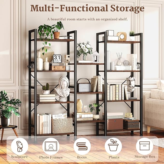 Furologee Triple 4 Tier Bookshelf, Bookcase with 11 Open Display Shelves, Wood and Metal Shelf Storage Organizer,Industrial Wide Shelving Unit for Living Room,Home Office,Rustic Brown