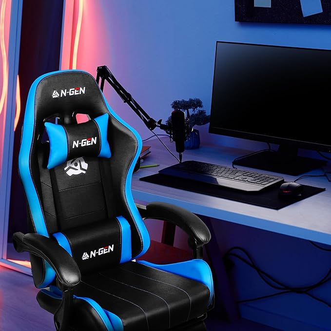NEO CHAIR Video Gaming Chair with Footrest High Back Ergonomic Comfortable Office Computer Desk with Lumbar Support Height Adjustable with PU Leather Recliner for Adults Women Men (Blue)