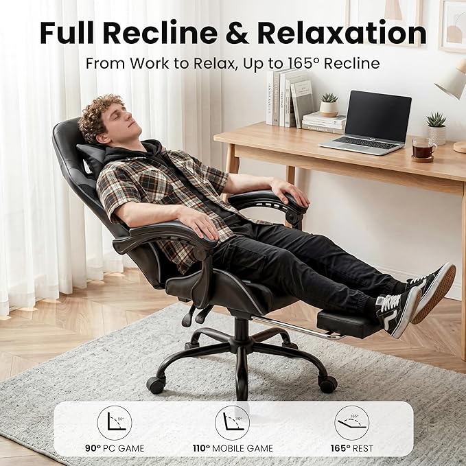 Gaming Chair, Ergonomic Computer Chair with 90°-150° Reclining Backrest & Footrest, Headrest & Lumbar Support, 363° Swivel Height Adjustable Desk Chair, High Back for Adults