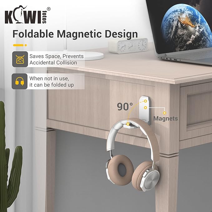 KIWIFOTOS 2 Pack Adhesive Desk Headphone Hanger, PC Gaming Headset Holder Stand, Adhesive Holder Mount for Wall, Foldable Headphones Hook Mount Under Desk - White,Two Pack