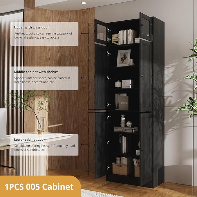 VOWNER 85.5" Tall Wooden Bookshelf 5 Sets, Storage Cabinet with Glass Doors, 7 Tier Bookcase for Living Room, Pantries with Doors and Shelves, Modern Large Storage for Home Office (Black)