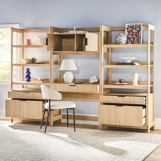 Walker Edison Transitional 3-Piece Hutch Desk with 2 Wide Bookcases, Reeded Drawer Fronts, Built-in outlets and USB Ports, Set of 3, Coastal Oak