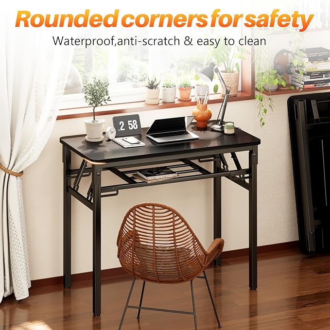 BYMECOST 39 inches Folding Computer Desk, No Assembly Long Foldable Office Table, Portable Large Foldable Home Office Desk, No Install Activity Table Conference Table (Black, 39.4")