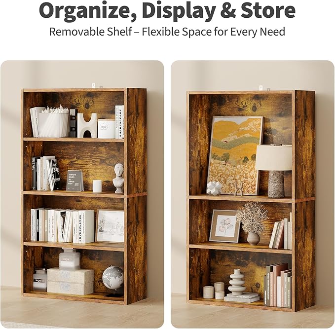 Sweetcrispy Industrial 4 Shelf Bookcase - Large 42.1 Inch Tall Floor Standing Open Bookshelf for Home Office, Living Room, and Bedroom Storage, Classic Brown