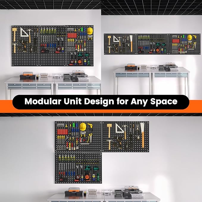 ENJOYWOOD Pegboard, 3 PCS 24"×16" Metal Peg Board Panels Black Modular Wall Organizer Kit with 30 Hooks, Dual-Size Hole Design for Home Tool Storage, Garage Organization, Kitchen, Office, Craft Room
