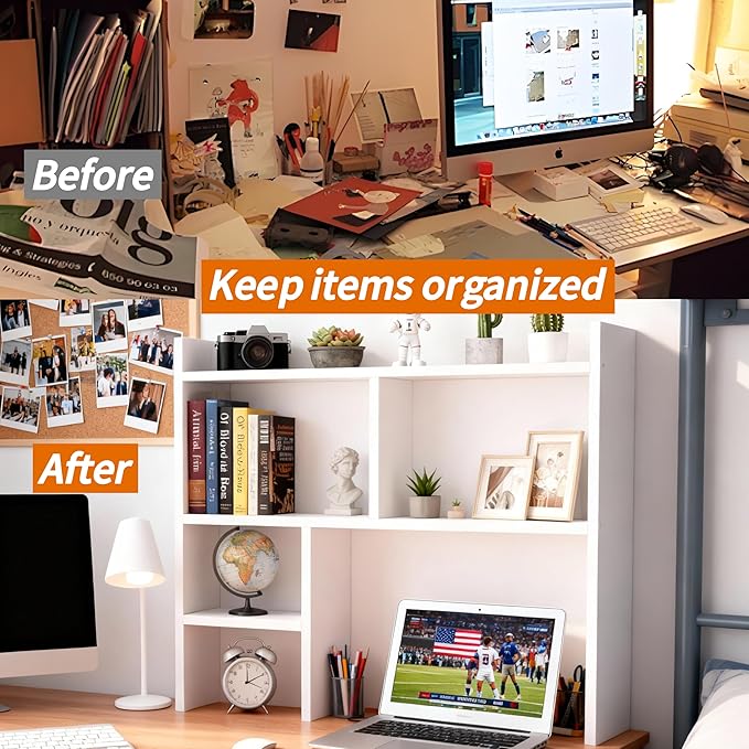 Desk Hutch Dorm Desktop Bookshelf, Wooden Desk Storage Hutch with 6 Shelves for Computer Desk, 4-Tier Desktop Display Organizer Rack for Office Home