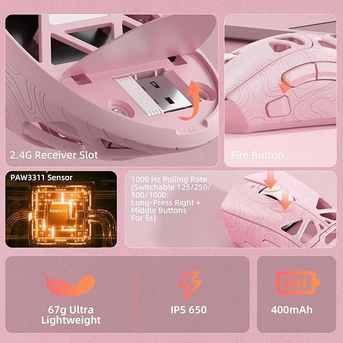 Aula SC620 Wireless Gaming Mouse, Tri-Mode 2.4GHz/USB-C/BT5.3 Computer Mouse with 12000 DPI, Programmable Macro Gamer Mouse with Rapid Fire Key, RGB Light Gaming Mice for PC/Laptop/Mac (Line Pink)