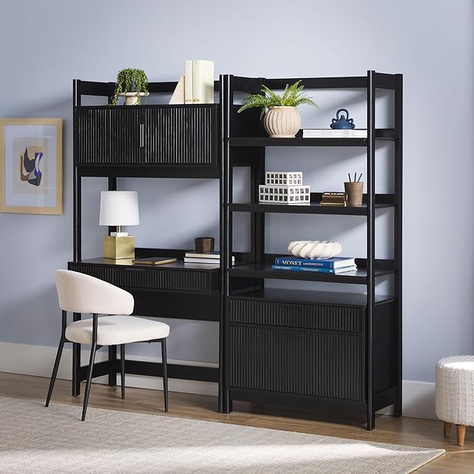 Walker Edison Transitional 2-Piece Hutch Desk with Wide Bookcase, Reeded Drawer Fronts, Built-in outlets and USB Ports, Set of 2, Black