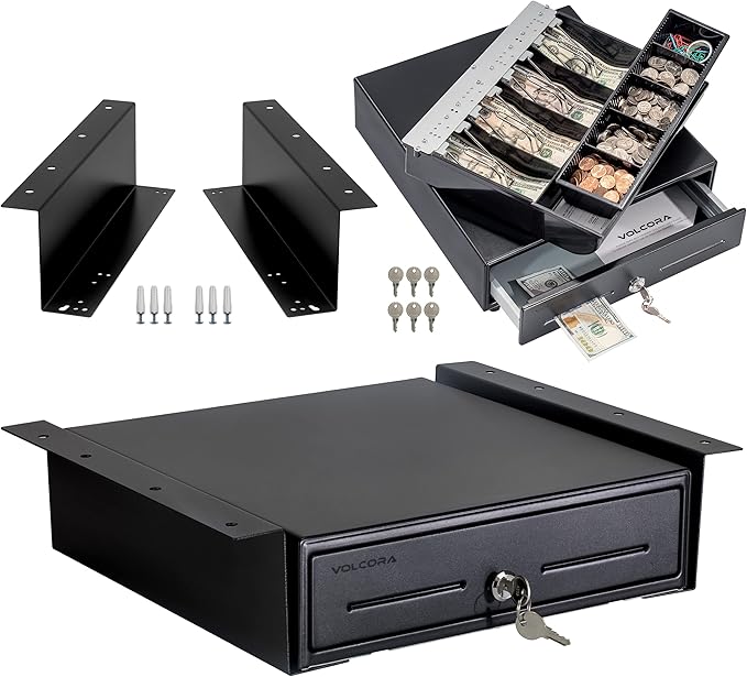 Volcora Cash Register Drawer with Under Counter Mounting Metal Bracket, 13" Black Cash Drawer for POS, 4 Bill 5 Coin Cash Tray, Fully Removable 2Tier Compartment 12-24V RJ11/RJ12 Key-Lock