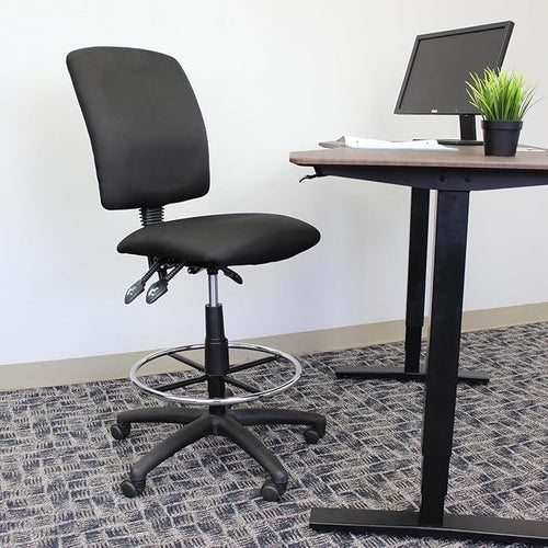 Black Fabric Drafting Stool Adjustable Height Swivel Pneumatic Gas Lift Chrome Footring Nylon Base Rolling Casters High Back Seat Compact Studio Task Seating Professional Workspace Stool