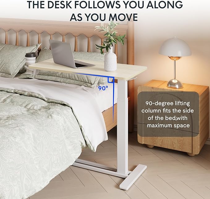 FLEXISPOT H7 Adjustable Overbed Bedside Table with Wheels Pneumatic Mobile Standing Desk Laptop Desk Rolling Computer Cart Movable Overbed Tables Hospital Home Use(27.6" W x 15.7" D, White Wood Grain)