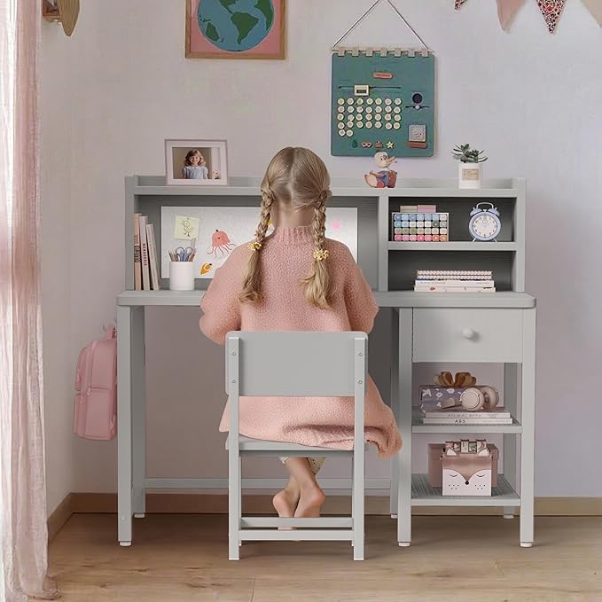 BOLUO Grey Kids Desk and Chair Set for 6-12 Year Old, Children Study Desk with Hutch and Storage Shelf, Student Writing Table with Fabric Drawer for Girls Boys
