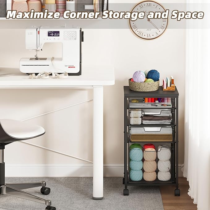 Sbanmao 3 Drawers Rolling Storage Cart, Utility Cart with Wooden Tabletop, Rolling Storage Drawer Cart with Lockable Wheels, Storage Craft Cart for Bedroom, Bedroom, Office, Black