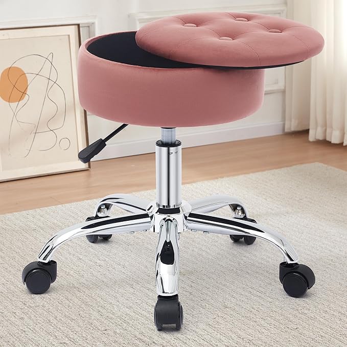 Gitrah Vanity Chair with Wheels Adjustable Vanity Stool with Storage Swivel Vanity Stool for Vanity Rolling Makeup Chair Pink