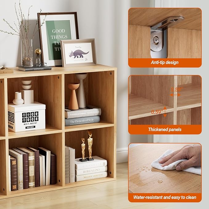 Wooden 6 Cube Storage Organizer with Closed Back Panel, Modern Open Cube Storage Shelf Bookshelf with Compartments, Cube Shelf Organizer for Living Room, Bedroom, Study Room (Wood Color)