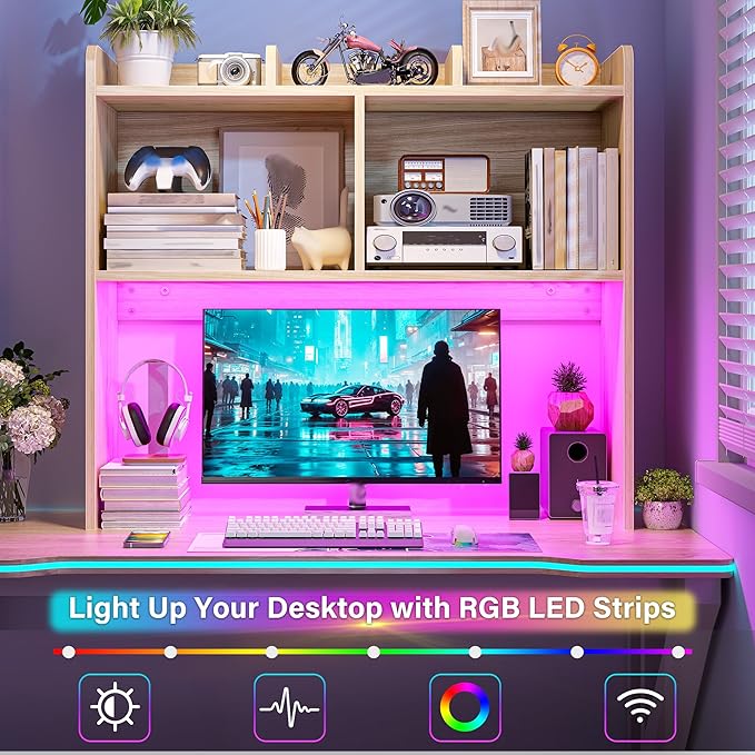 REIBII Desk Hutch Dorm for Computer Monitor Up to 27", Dorm Desk Hutch Top Only with RGB Light Strip, Wooden Desktop Bookshelf with 6 Shelves, 3-Tier Desktop Shelf for Home Office Dorm, Wood Color
